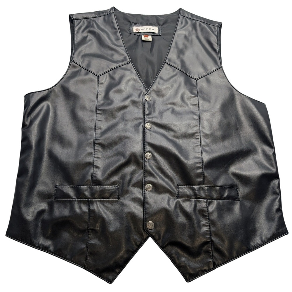 Roper Faux Leather Western Vest Mens Large Black Oklahoma Seal Buttons